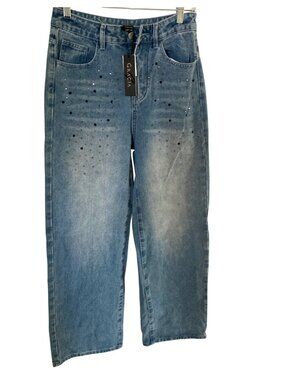 Gracia Fashion Corp Jean Blue Denim Wide Leg Rhinestones Small NWT